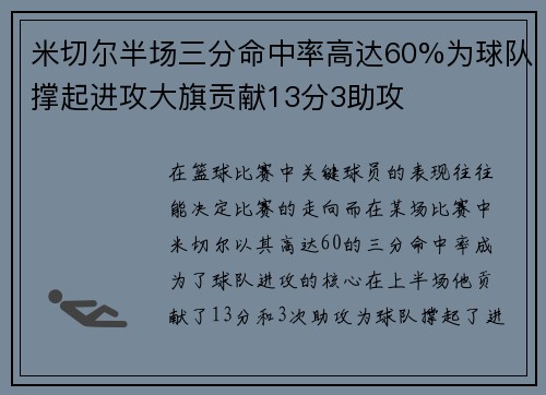 米切尔半场三分命中率高达60%为球队撑起进攻大旗贡献13分3助攻