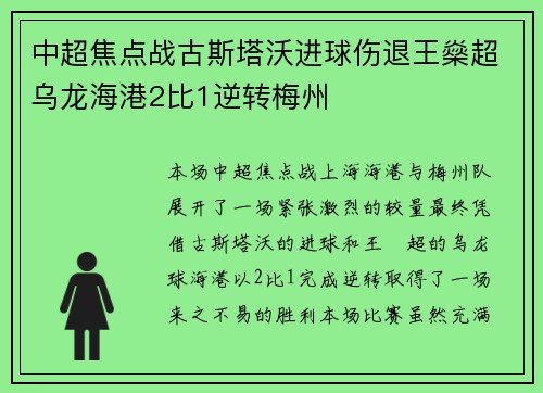 中超焦点战古斯塔沃进球伤退王燊超乌龙海港2比1逆转梅州